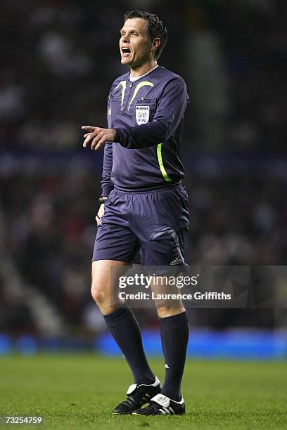 Referee Michael Weiner gestures during the International Friendly match between England and Spain at Old Trafford on February 7, 2007 in Manchester,...