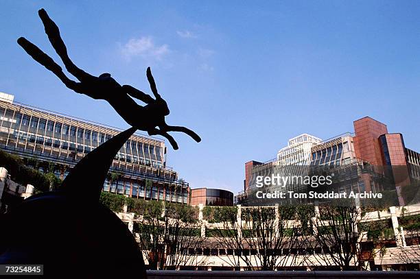 Barry Flanagan's sculpture 'Leaping Hare on Crescent and Bell' at the Broadgate office and retail estate in the City of London, June 1995.
