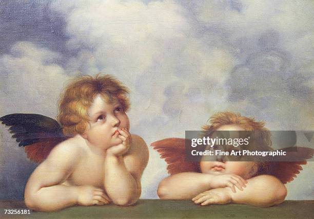 Two bored looking winged cherubs in a copy of a detail from Raphael's painting Sistine Madonna , circa 1853.