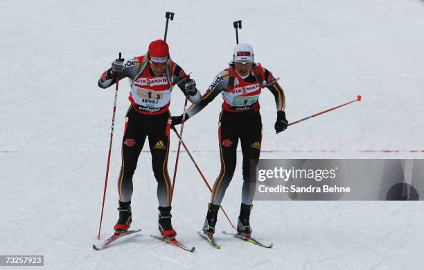 Michael Greis changes to Simone Denkinger of Germany in action during the Mixed 2 x 6 km and 2 x 7.5 km Relay in the Biathlon World Championships on...