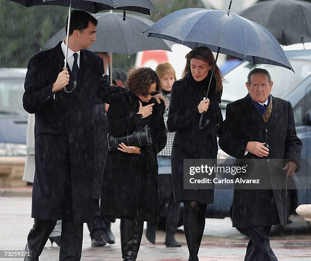 Crown Prince Felipe, Letizia?s mother Paloma Rocasolano, Princess Letizia and her grandfather Francisco Rocasolano attend the funeral for Erika...