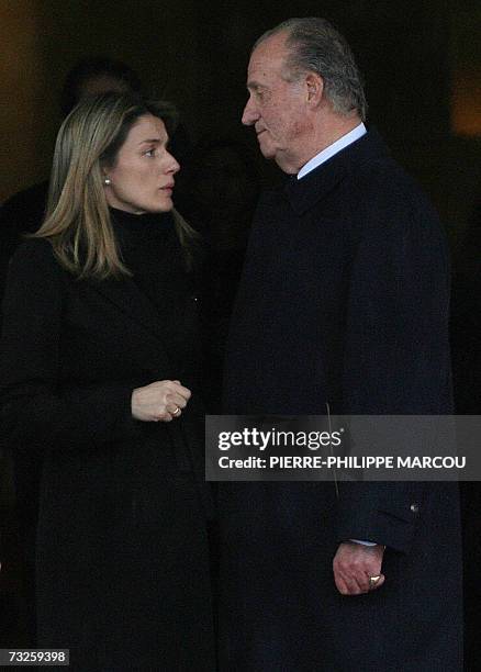 Spain's Princess Letizia is comforted by King Juan Carlos as they depart from the crematorium of Tres Cantos after the funeral of her younger sister...