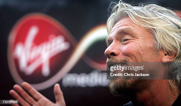 Richard Branson is seen at the launch of Virgin Media at Convent Garden Market on February 8, 2007 in London, England. Branson will spend the day in...