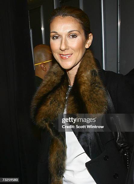 Singer Celine Dion poses backstage at the J Mendel Fall 2007 fashion show during Mercedes-Benz Fashion Week in the Promenade in Bryant Park February...