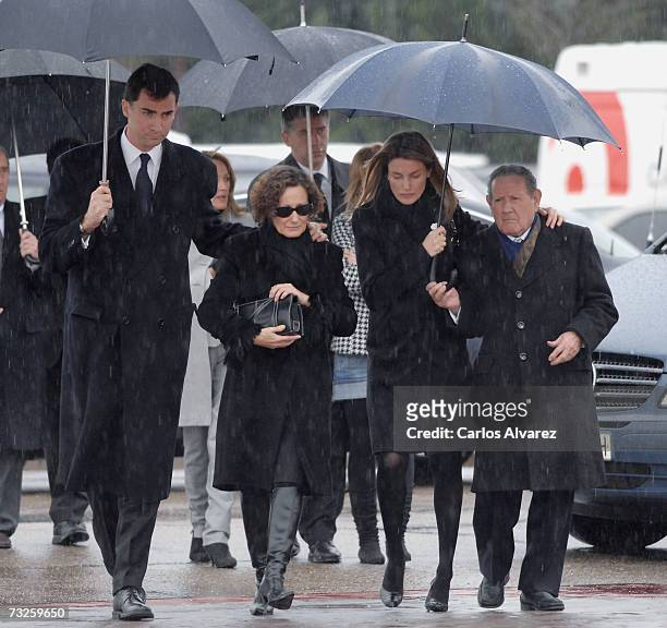 Crown Prince Felipe, Letizia?s mother Paloma Rocasolano, Princess Letizia and her grandfather Francisco Rocasolano attend the funeral for Erika...