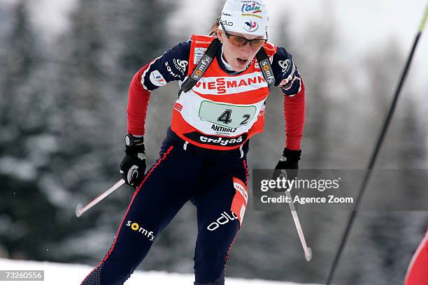 Florence Baverel-Robert of France takes Silver Medal during the IBU Biathlon World Championships Biathlon Mixed Relay event on February 08, 2007 in...
