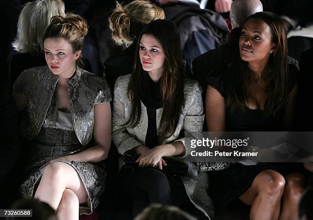 Actresses Amber Tamblyn, Rachel Bilson and Aisha Tyler sit in the front row at the Badgley Mischka Fall 2007 fashion show during Mercedes-Benz...