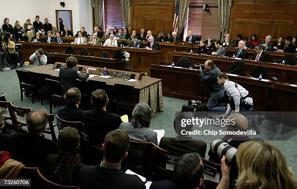 Speaker of the House Nancy Pelosi sits at the witness table while testifying before the House Science and Technology Committee about her commitment...