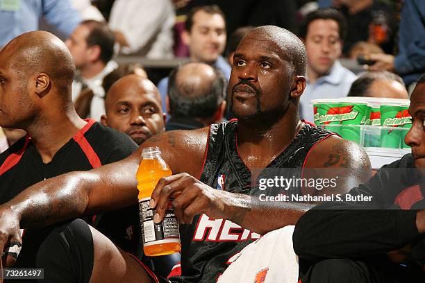 Shaquille O'Neal of the Miami Heat sits on the bench during the NBA game against the New York Knicks on January 26, 2007 at Madison Square Garden in...