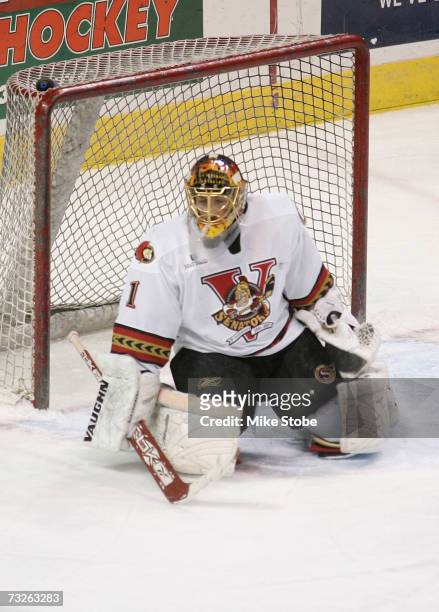 Goaltender Kelly Guard of the Binghamton Senators defends against the Bridgeport Sound Tigers at the Arena at Harbor Yard on January 24, 2007 in...