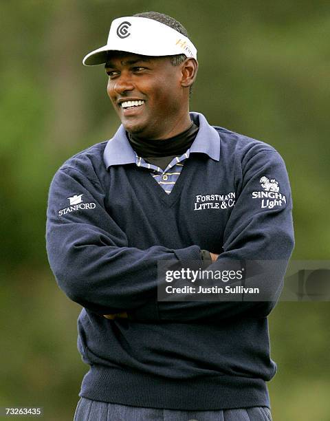 Vijay Singh of Fiji smiles on the 1st green of Spyglass Hill Golf Course during the first round of the AT&T Pebble Beach National Pro-Am February 8,...