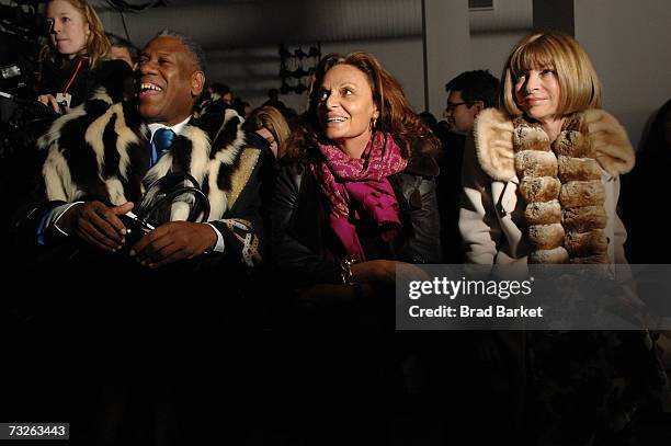 Andre Leon Talley , Designer Diane von Furstenberg, and Anna Wintour attend the Calvin Klein Fall 2007 fashion show during Mercedes-Benz Fashion Week...