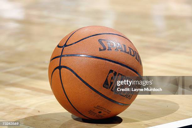 Detail of the reinstated leather official NBA ball, which replaced the microfiber synthetic version at the beginning of the year, during the NBA game...