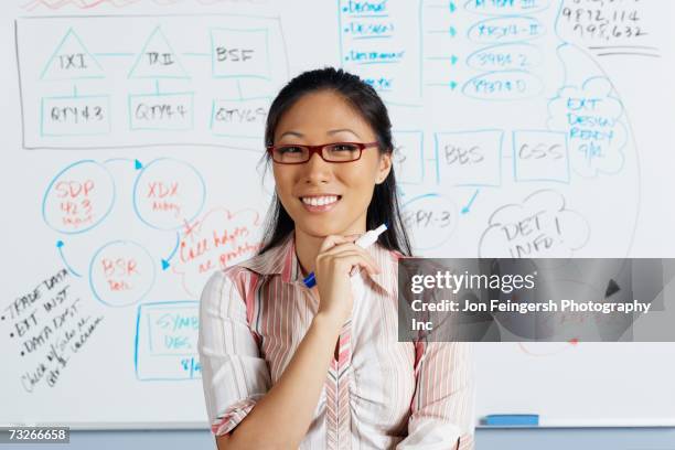 asian businesswoman smiling in front of whiteboard - teacher in front of whiteboard stock pictures, royalty-free photos & images