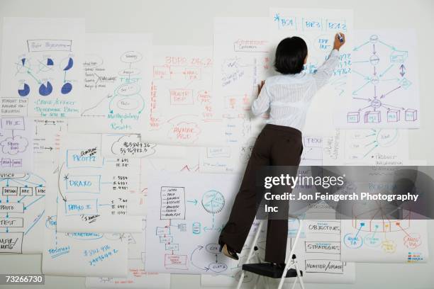 businesswoman standing on step ladder writing on flow chart - woman whiteboard stock-fotos und bilder