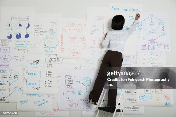 businesswoman standing on step ladder writing on flow chart - quadro branco - fotografias e filmes do acervo