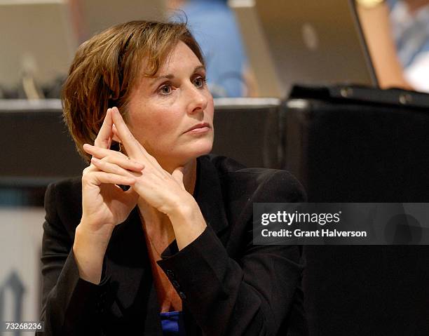 Coach Gail Goestenkors of the Duke University Blue Devils watches during a game against the North Carolina Tar Heels February 8, 2007 at Carmichael...