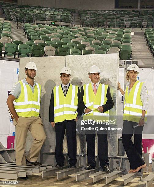 Ian Thorpe, the minister James Merlino and the Chairman Tony Beddison of Melbourne 2007 and Susie O'Neill pose infront oif the first panel of the...