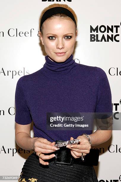 Model Franziska Knuppe poses while unveiling the Montblanc and Van Cleef & Arpels "Mystery Masterpiece" on February 8, 2007 in New York City. The...