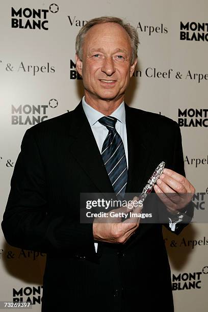 Managing director of Montblanc Lutz Bethge poses while unveiling the Montblanc and Van Cleef & Arpels "Mystery Masterpiece" on February 8, 2007 in...