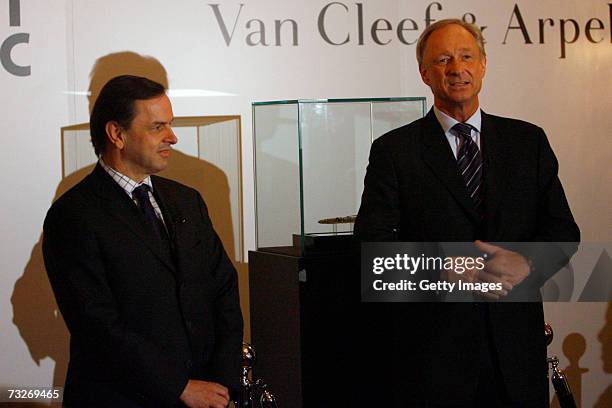 President and CEO of Van Cleef & Arples Europe Stanislas de Quercize and managing director of Montblanc Lutz Bethge pose while unveiling the...