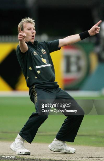 Brett Lee of Australia celebrates dismissing of Mal Loye of England during the Commonwealth Bank One Day International Series first final match...