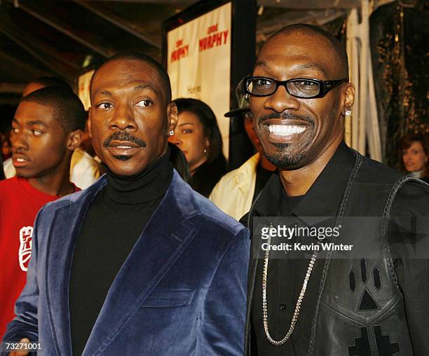 Actor Eddie Murphy and brother, screenwriter Charlie Murphy pose at the premiere of Dreamworks' "Norbit" at the Mann Village Theatre on February 9,...