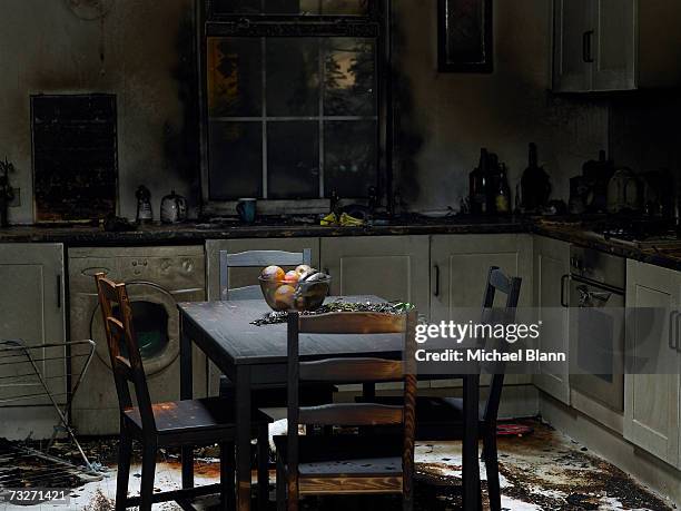 domestic kitchen burnt in fire - hephaestus god of fire stockfoto's en -beelden