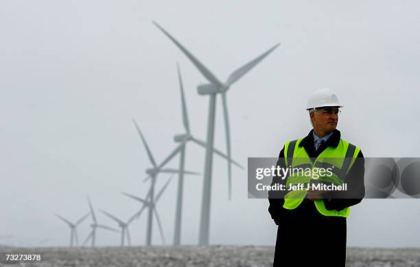 Alistair Darling Trade and Industry Secretary opens the Braes of Doune windfarm February 9, 2007 in Stirling, Scotland. The government has set a...