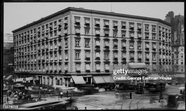 View across Madison Avenue at 24th Street of the Fifth Avenue Hotel, Manhattan, New York, 1900s. The hotel was built in 1859, was a social center of...