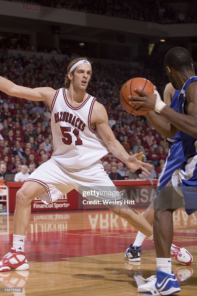 Steven Hill Razorbacks Center Steven Hill of the Arkansas Razorbacks plays defense against ...