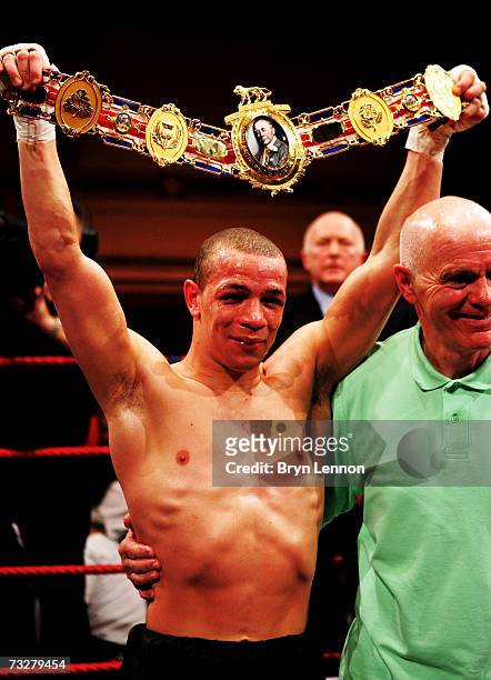 Carl Johanneson celebrates retaining his British Super after beating Ricky Burns at Leeds Town Hall on February 9, 2007 in Leeds, England.