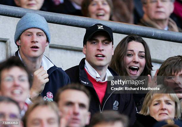 Prince Harry and Prince William and Kate Middleton cheer on the English team during the RBS Six Nations Championship match between England and Italy...