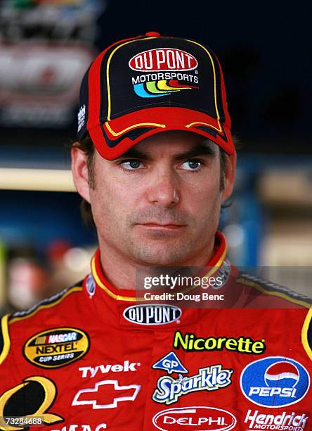 Jeff Gordon, driver of the DuPont Chevrolet, looks on during practice for the Daytona 500 at Daytona International Speedway on February 10, 2007 in...