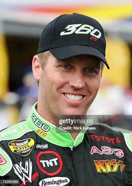 Jeremy Mayfield, driver of the 360 OTC Toyota, looks on following practice for the Daytona 500 at Daytona International Speedway on February 10, 2007...