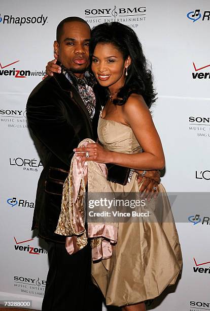 Singer Kirk Franklin and wife Tammy Collins arrive at the Clive Davis pre-Grammy party held at the Beverly Hilton on February 10, 2007 in Beverly...