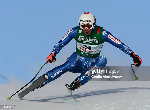 Bruno Kernen of Switzerland competes during the Mens Downhill on day nine of the FIS World Ski Championships on February 11, 2007 in Are, Sweden.