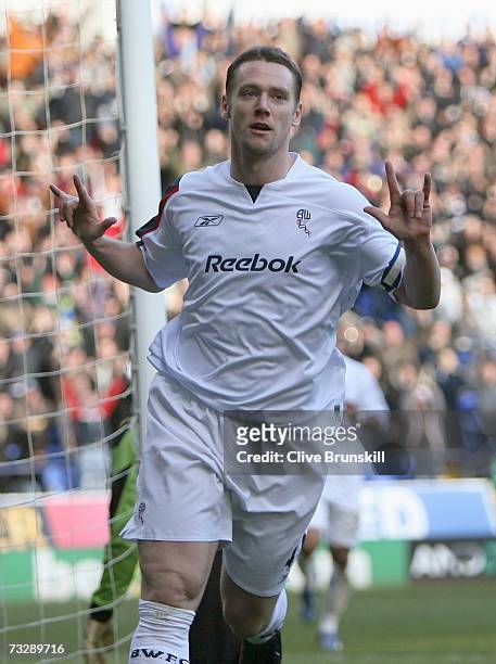 Kevin Nolan of Bolton Wanderers celebrates scoring his team's second goal during the Barclays Premiership match between Bolton Wanderers and Fulham...