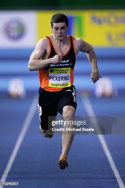 Craig Pickering of Marshall Milton Keynes in action during the men's 60m semi final during the Norwich Union European Indoor Trials & UK...