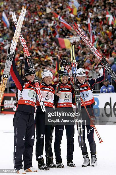 Florence Baverel-Robert, Delphine Peretto, Sylvie Becaert, and Sandrine Bailly of France take the Silver Medal during the IBU Biathlon World...