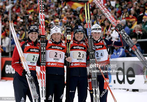 Florence Baverel-Robert, Delphine Peretto, Sylvie Becaert, and Sandrine Bailly of France take the Silver Medal during the IBU Biathlon World...
