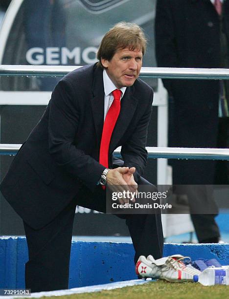 Getafe manager Bernd Schuster of Germany watches his team during the La Liga match between Getafe and Valencia at the Coliseum Alfonso Perez stadium...