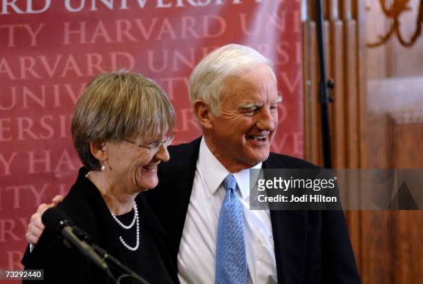 Former President and interim acting President of Harvard University, Derek Bok poses with historian Drew Gilpin Faust at Harvard University in the...