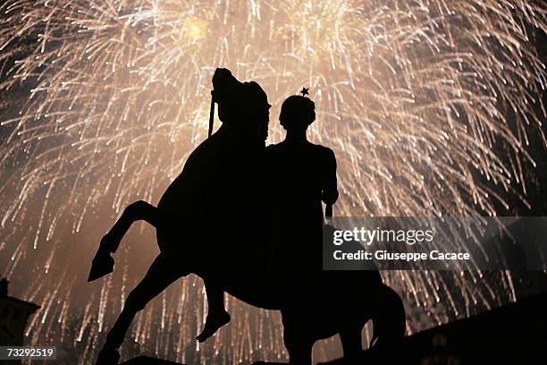 Fireworks are seen at Piazza Castello to commermorate One year after the Olympic Games on February 10, 2007 in Turin, Italy.