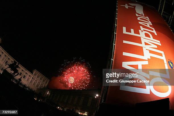 Fireworks are seen at Piazza Castello to commermorate One year after the Olympic Games on February 10, 2007 in Turin, Italy.