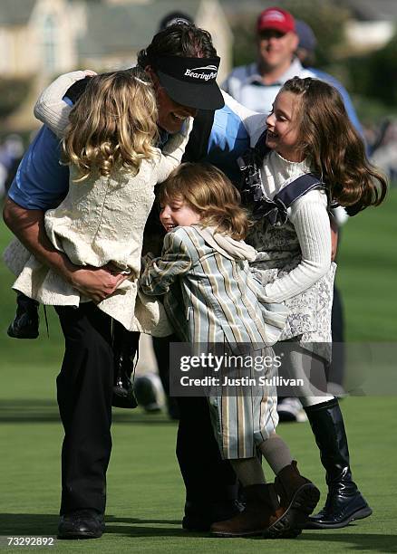 Phil Mickelson is mobbed by his children Sophia , Evan and Amanda after winning the AT&T Pebble Beach National Pro-Am February 11, 2007 in Pebble...