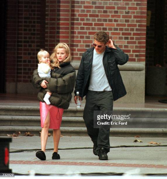 Actress Reese Witherspoon Is visited by her husband Ryan Phillippe and their child on the set of "Legally Blonde" October 21, 2000 in Los Angeles, CA.