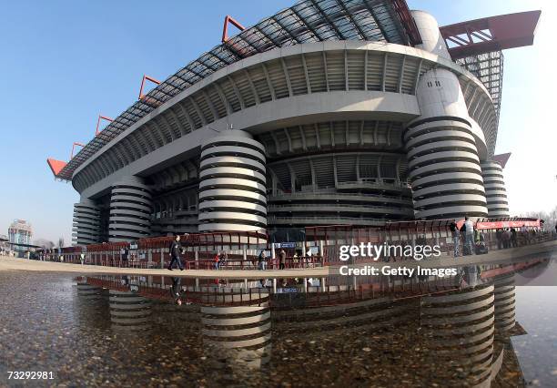 General view of San Siro Stadium with only few fans before the AC Milan v Livorno serie A match on February 11, 2007 in Milan, Italy. Turnstiles have...