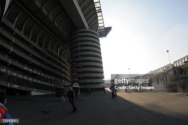 General view of the San Siro Stadium with only few fans before the AC Milan v Livorno serie A match on February 11, 2007 in Milan, Italy. Turnstiles...