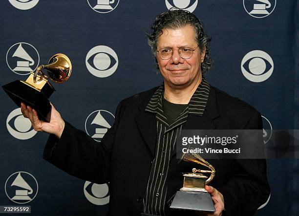 Winner for Best Jazz Instrumental Album, Individual or Group and Best Instrumental Arrangement, Chick Corea poses with his Grammys in the press room...